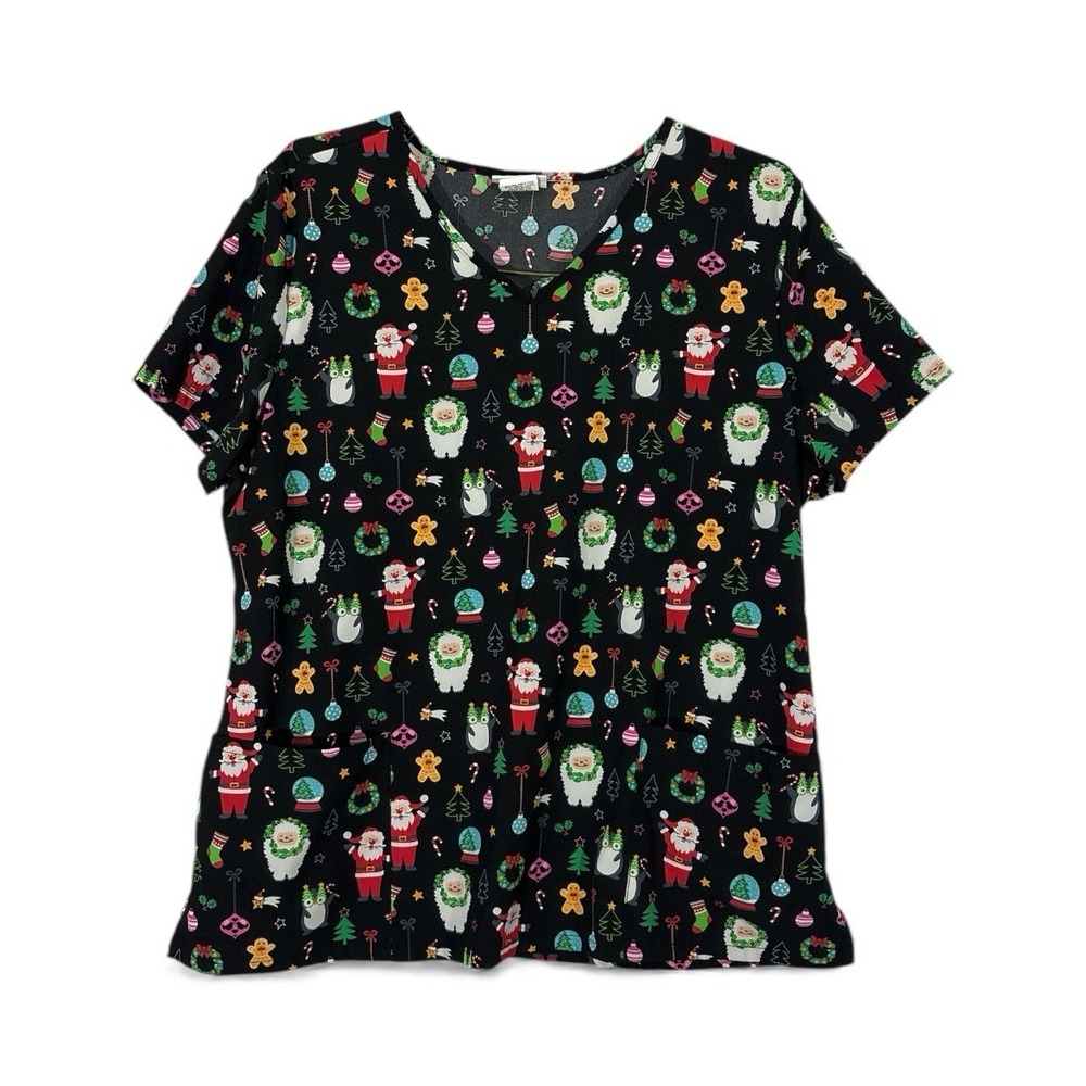 CHRISTMAS SCRUB TOP‎ SANTA YETI TREES WEATHS SNOW GLOBE PRINT